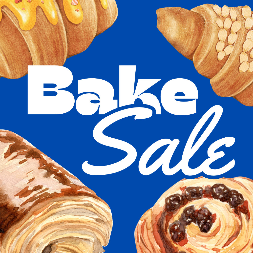 Thrive Companies, Illustration of assorted pastries surrounding the words “Bake Sale” in bold white letters on a blue background. Apartments in Columbus Ohio