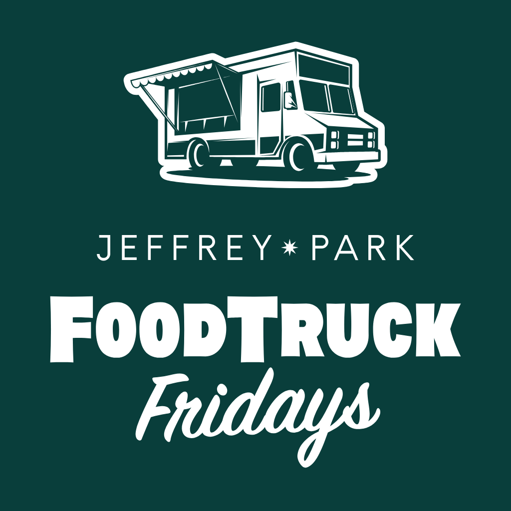 Thrive Companies, White food truck illustration above the text Jeffrey Park Food Truck Fridays on a dark green background. Apartments in Columbus Ohio