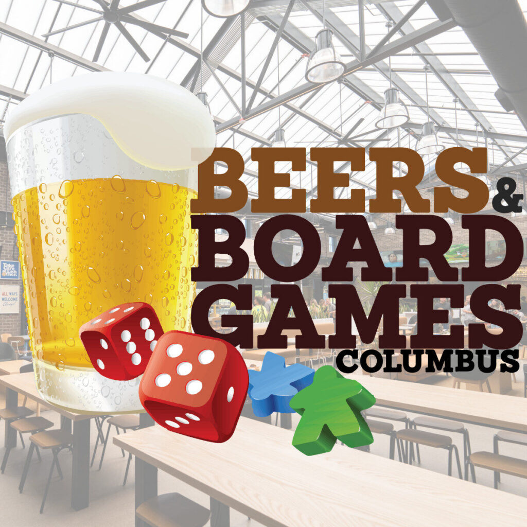 Thrive Companies, A large glass of beer and board game pieces with the text Beers & Board Games Columbus over a background of a modern indoor space with tables and chairs. Apartments in Columbus Ohio