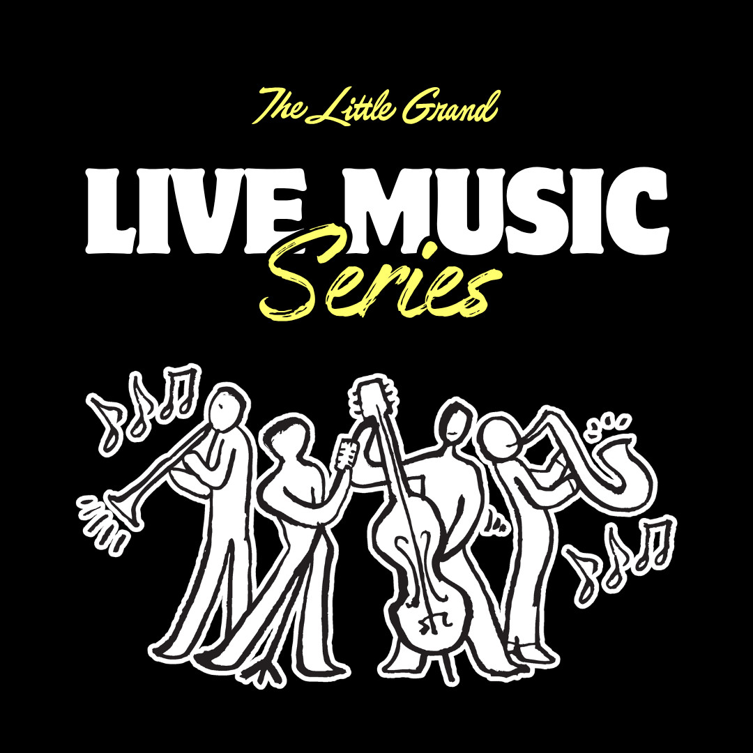 Thrive Companies, Illustration of four musicians playing instruments with musical notes, promoting The Little Grand Live Music Series in bold white and yellow text on a black background. Apartments in Columbus Ohio