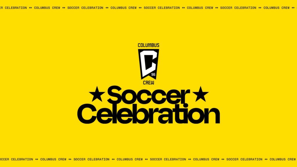 Thrive Companies, Yellow background with the Columbus Crew logo and the words Soccer Celebration in bold black text, surrounded by repeated small text reading Columbus Crew Soccer Celebration. Apartments in Columbus Ohio