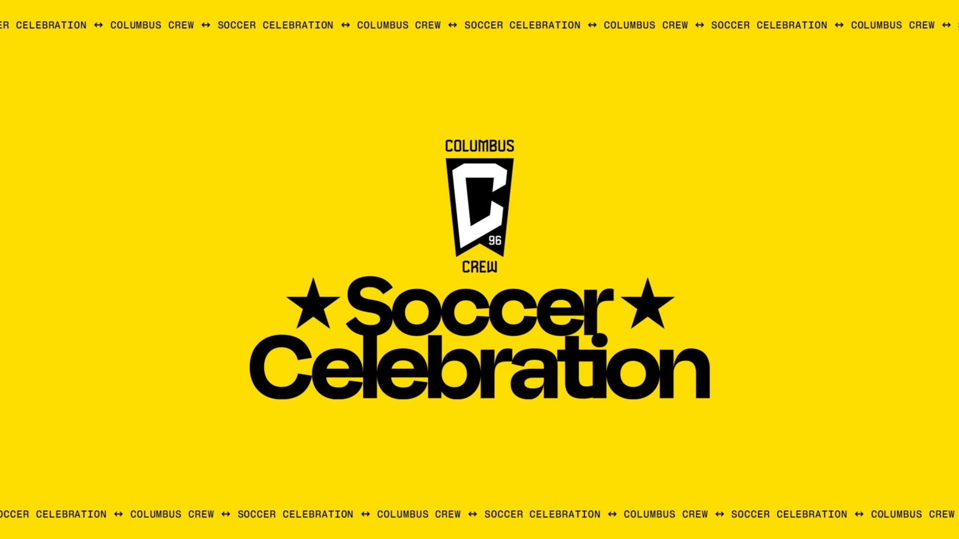 Thrive Companies, Yellow background with the Columbus Crew logo and the words Soccer Celebration in bold black text, surrounded by repeated small text reading Columbus Crew Soccer Celebration. Apartments in Columbus Ohio