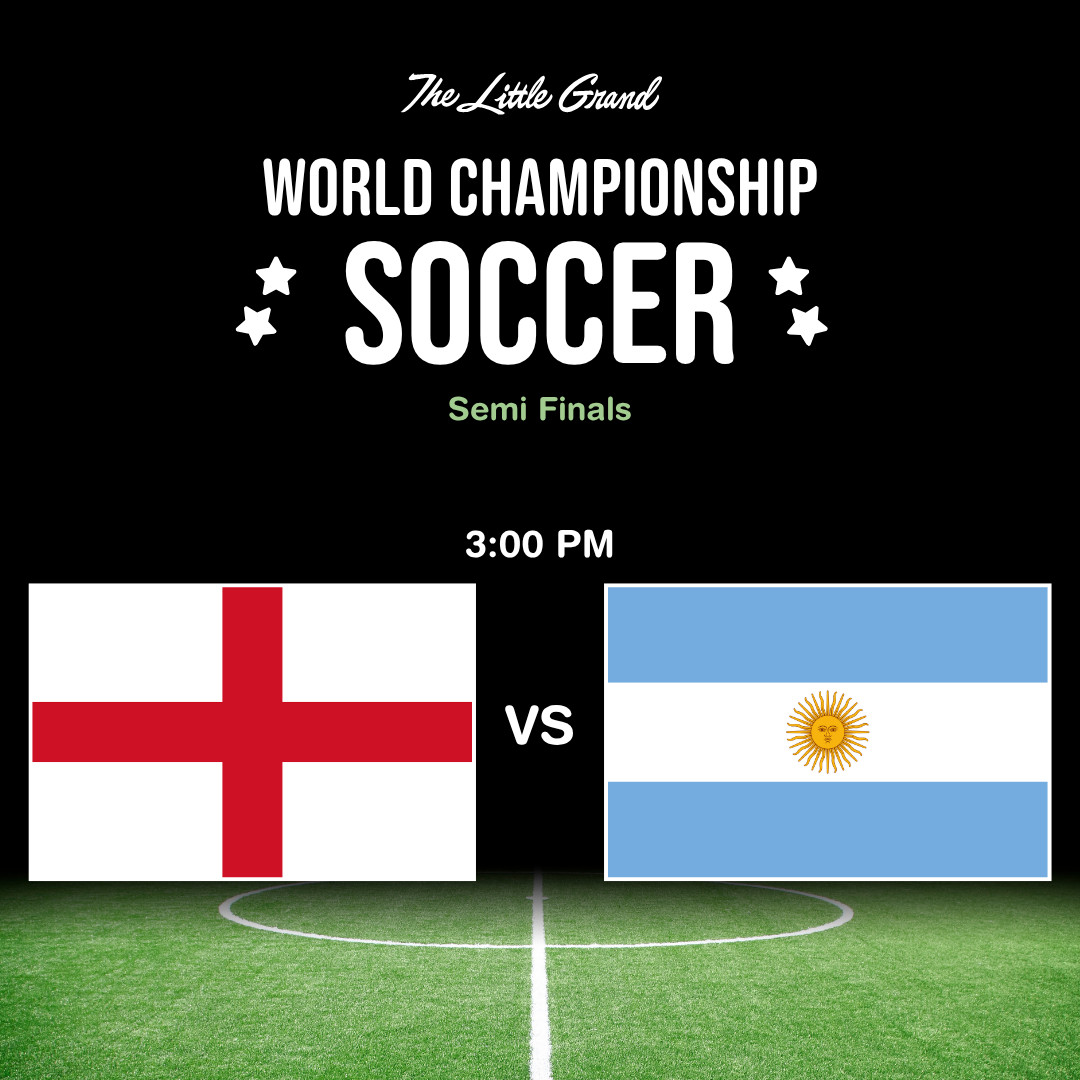 Thrive Companies, England vs Argentina soccer semi-final at 3 PM, shown with country flags on a soccer field background. Apartments in Columbus Ohio