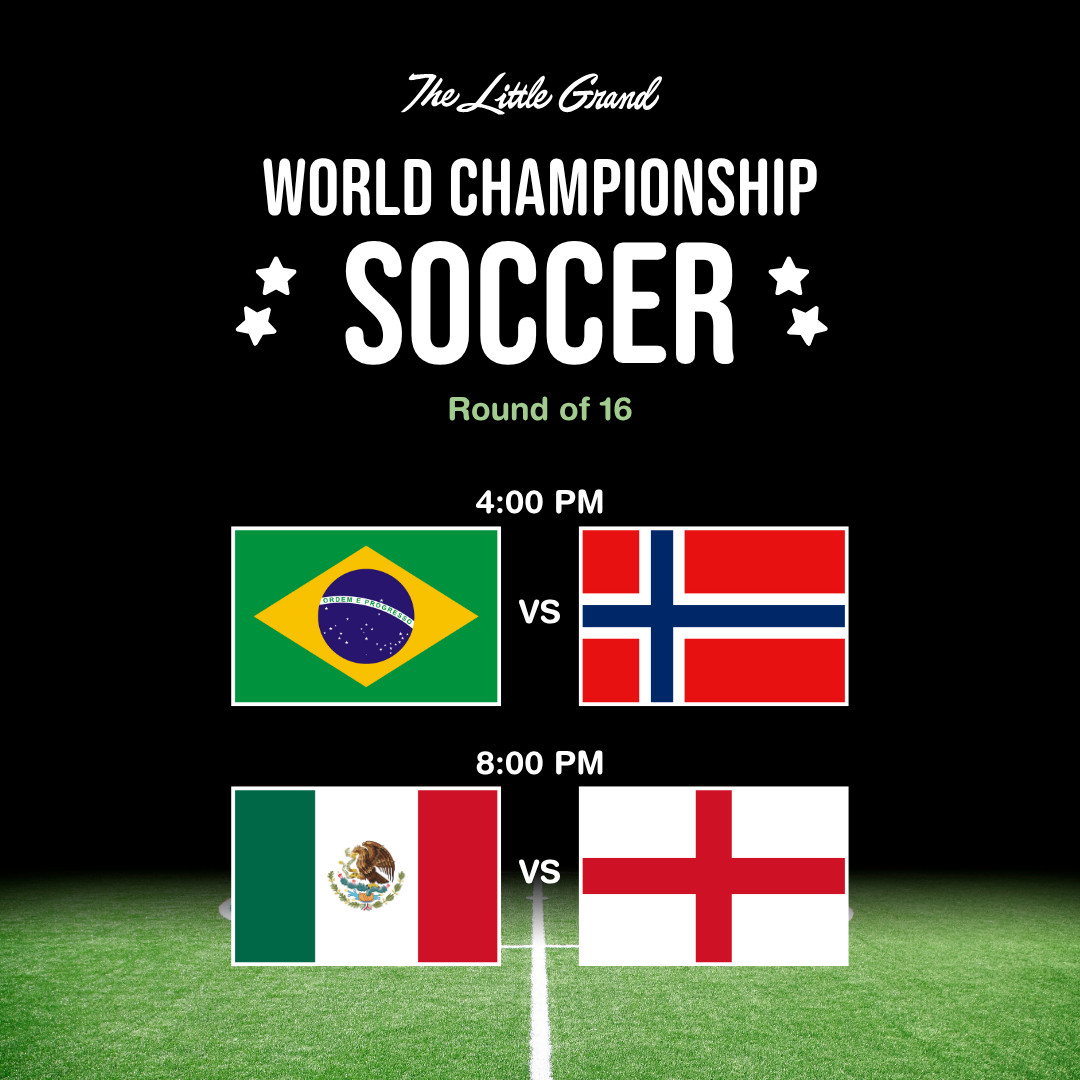 Thrive Companies, Graphic showing World Championship Soccer Round of 16 matches: Brazil vs Norway at 4:00 PM, and Mexico vs England at 8:00 PM. Apartments in Columbus Ohio