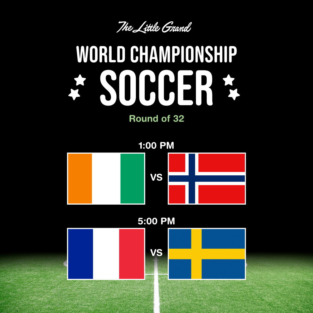 Thrive Companies, Graphic showing World Championship Soccer Round of 32: Ivory Coast vs Norway at 1:00 PM, and France vs Sweden at 5:00 PM, with national flags on a soccer field background. Apartments in Columbus Ohio