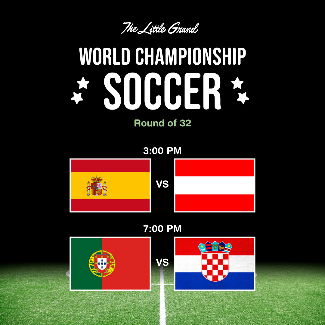 Thrive Companies, Graphic showing two World Championship Soccer round of 32 matches: Spain vs Austria at 3:00 PM and Portugal vs Croatia at 7:00 PM, with national flags displayed. Apartments in Columbus Ohio