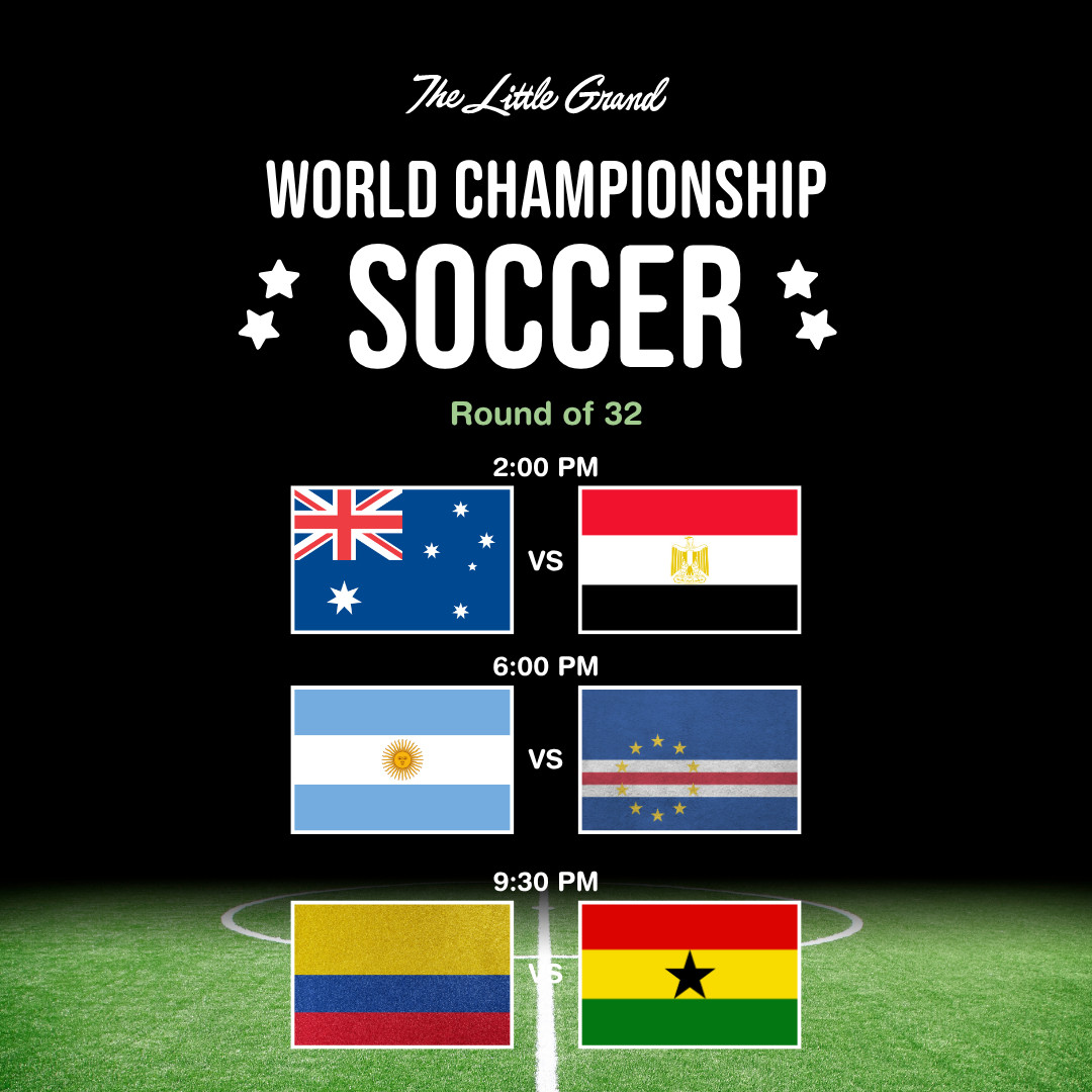 Thrive Companies, A graphic displays three soccer matches: Australia vs Egypt at 2:00 PM, Argentina vs Cape Verde at 6:00 PM, and Colombia vs Ghana at 9:30 PM in the World Championship Round of 32. Apartments in Columbus Ohio