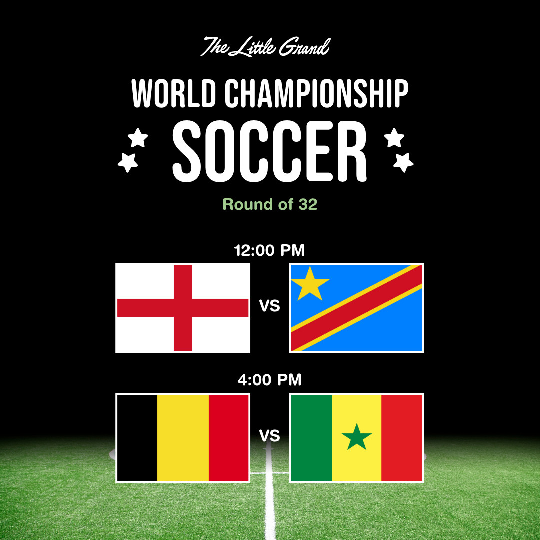Thrive Companies, A soccer tournament graphic shows England vs. DR Congo at 12:00 PM and Belgium vs. Senegal at 4:00 PM, with national flags and World Championship Soccer text. Apartments in Columbus Ohio