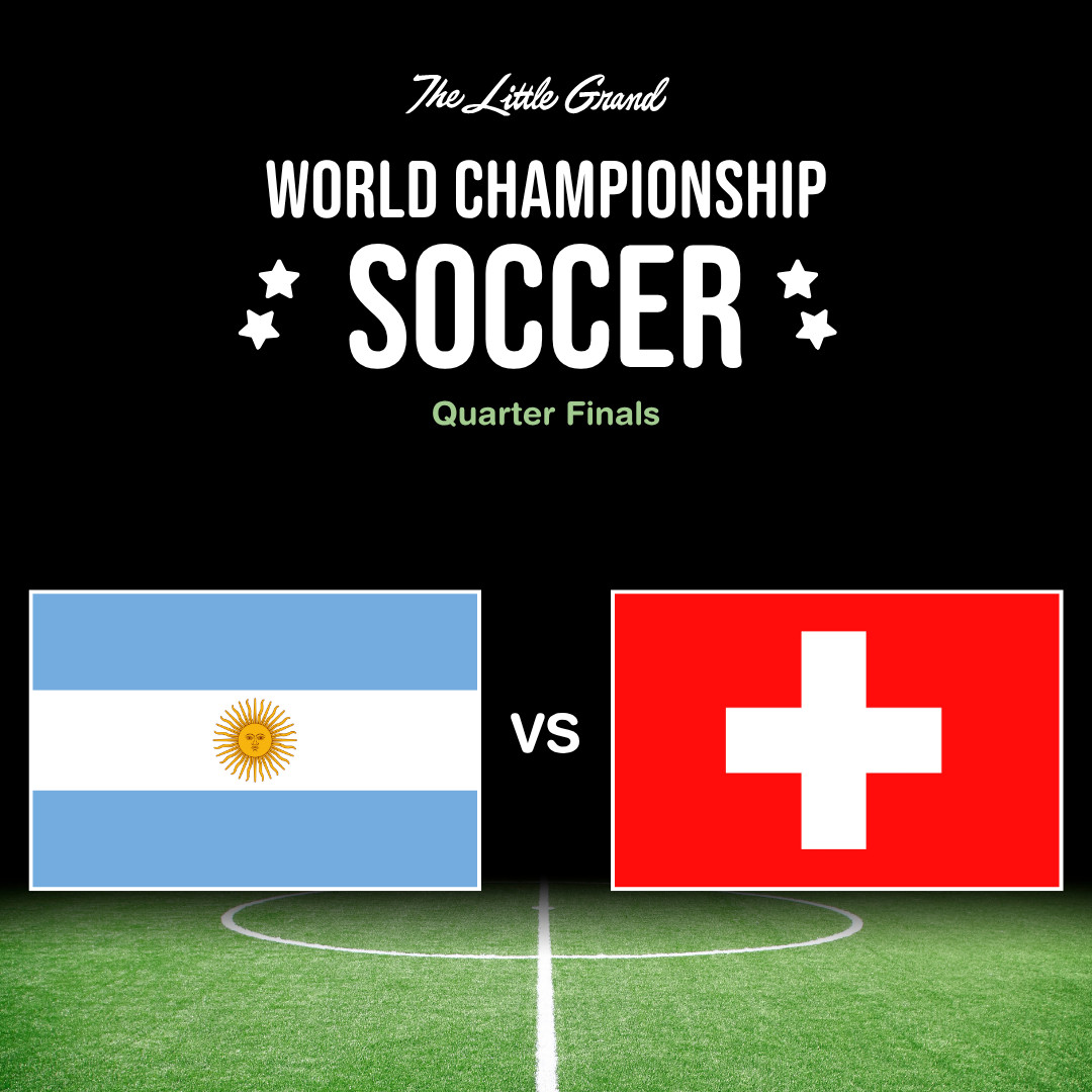 Thrive Companies, Graphic showing an Argentina vs Switzerland soccer match in the quarter finals of The Little Grand World Championship Soccer on a stadium background. Apartments in Columbus Ohio