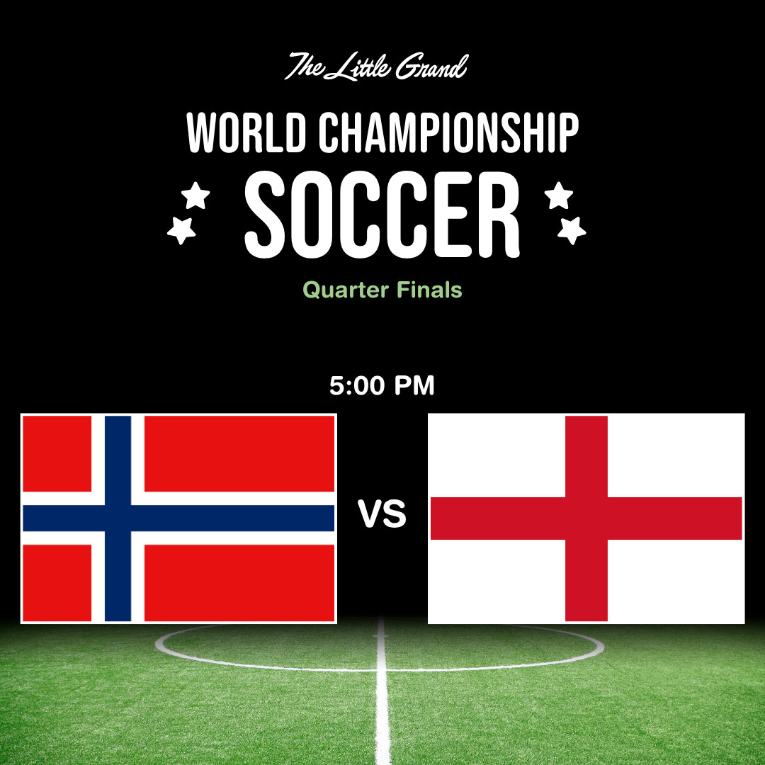 Thrive Companies, Norway and England flags side by side above 5:00 PM and Quarter Finals, promoting a soccer world championship match. Apartments in Columbus Ohio