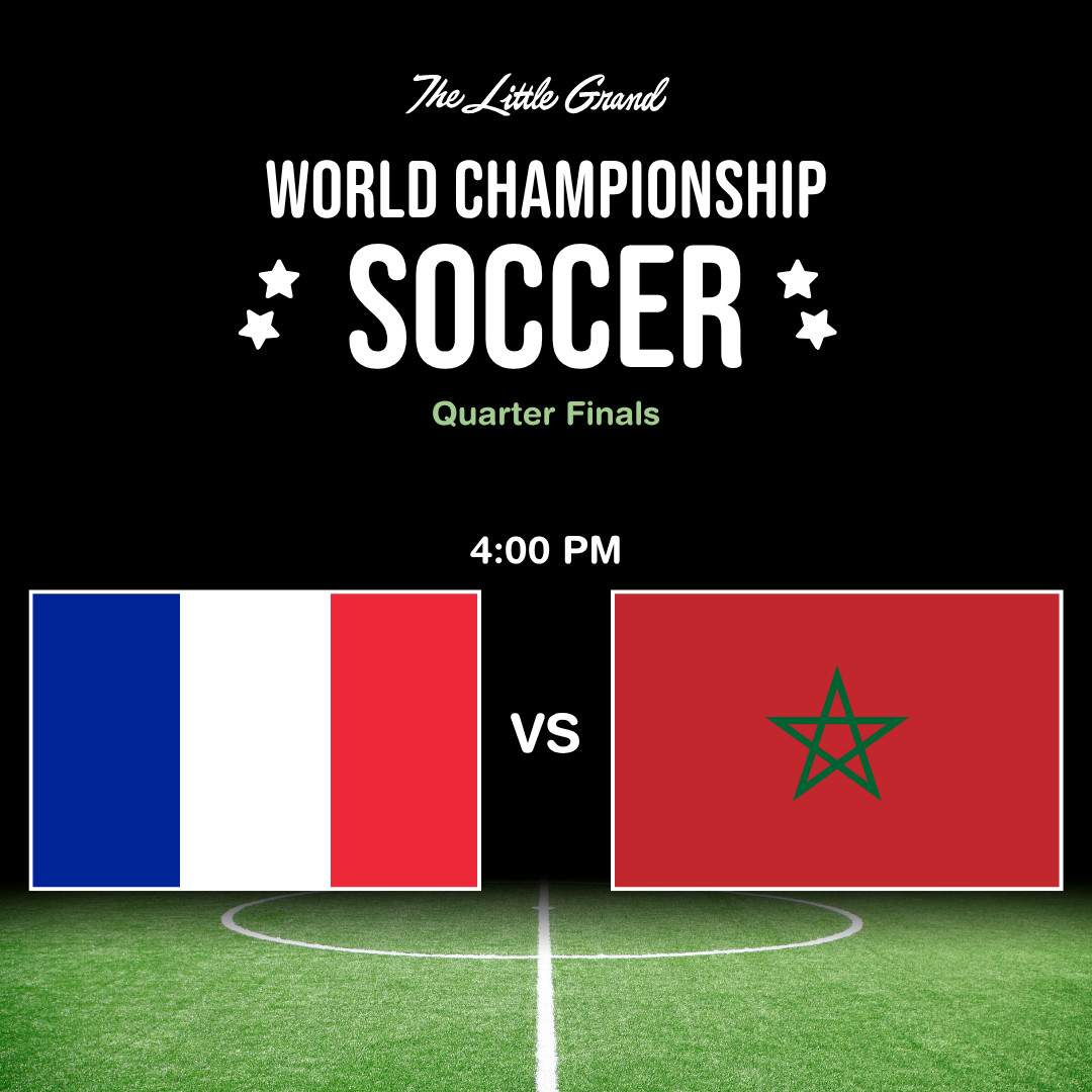 Thrive Companies, Soccer quarterfinals match at 4:00 PM between France and Morocco, with both national flags displayed on a field background. Apartments in Columbus Ohio