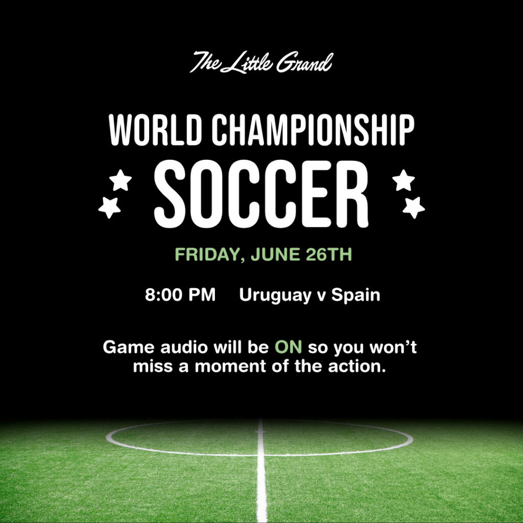 Thrive Companies, Text graphic promoting a World Championship soccer match between Uruguay and Spain on Friday, June 26th at 8:00 PM, with game audio on. A lit soccer field is shown at the bottom. Apartments in Columbus Ohio