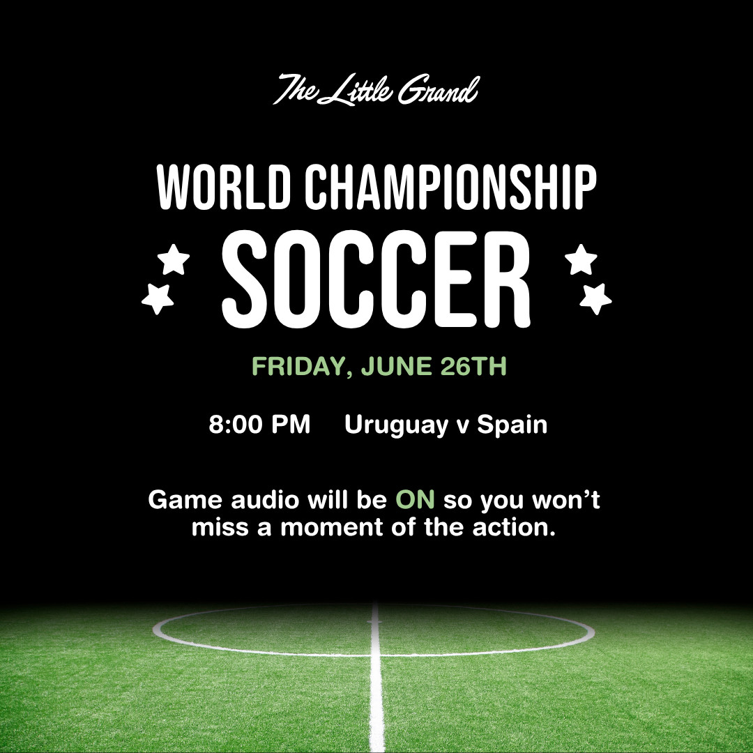 Thrive Companies, Text graphic promoting a World Championship soccer match between Uruguay and Spain on Friday, June 26th at 8:00 PM, with game audio on. A lit soccer field is shown at the bottom. Apartments in Columbus Ohio