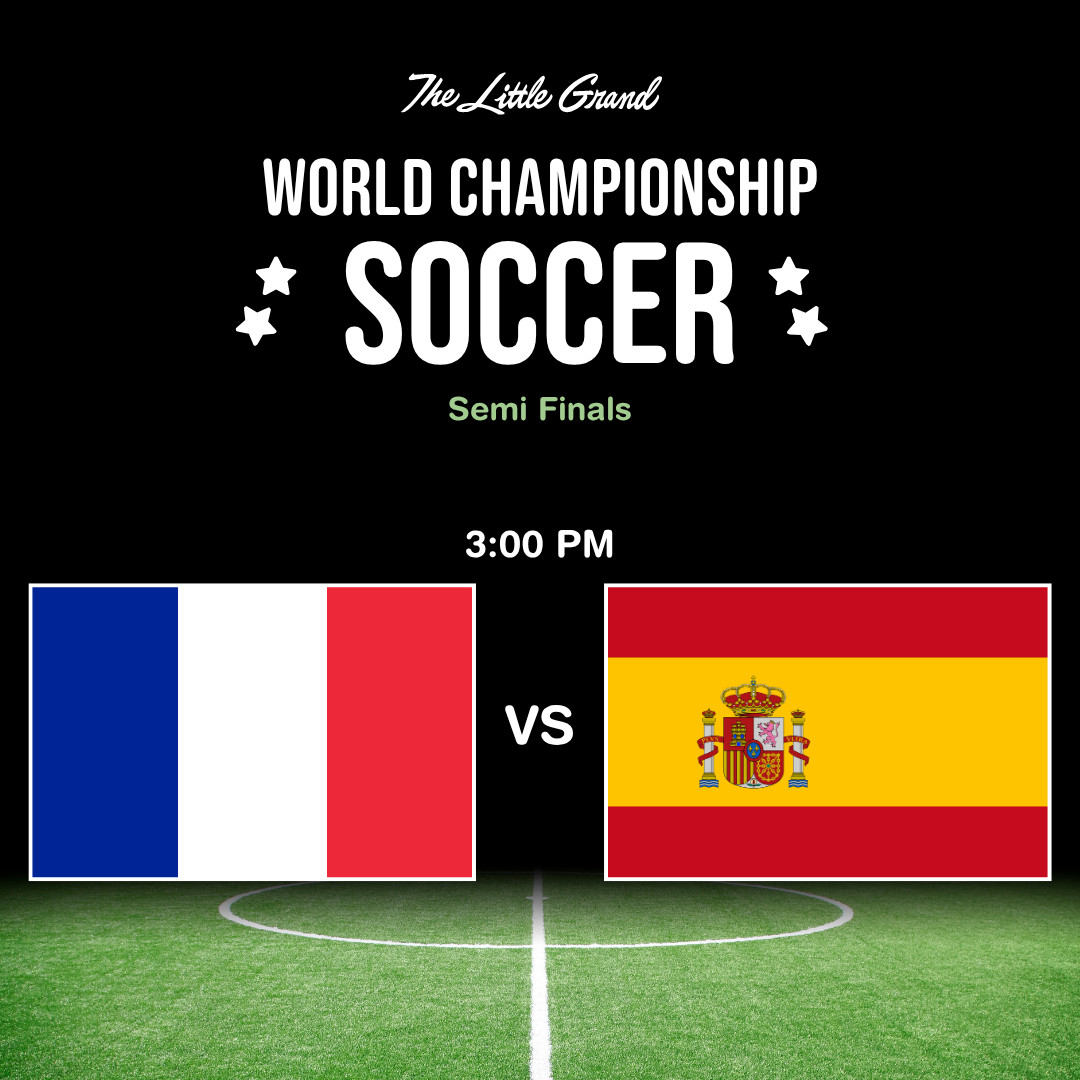 Thrive Companies, France vs Spain in World Championship Soccer semi-finals at 3:00 PM, with flags of both countries on a soccer field background. Apartments in Columbus Ohio