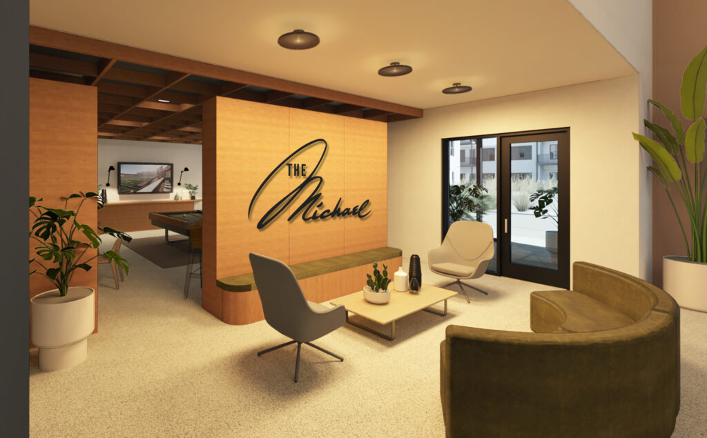 Modern office lobby with neutral-toned furniture, indoor plants, a coffee table, and The Michael sign on a wood accent wall near glass doors.