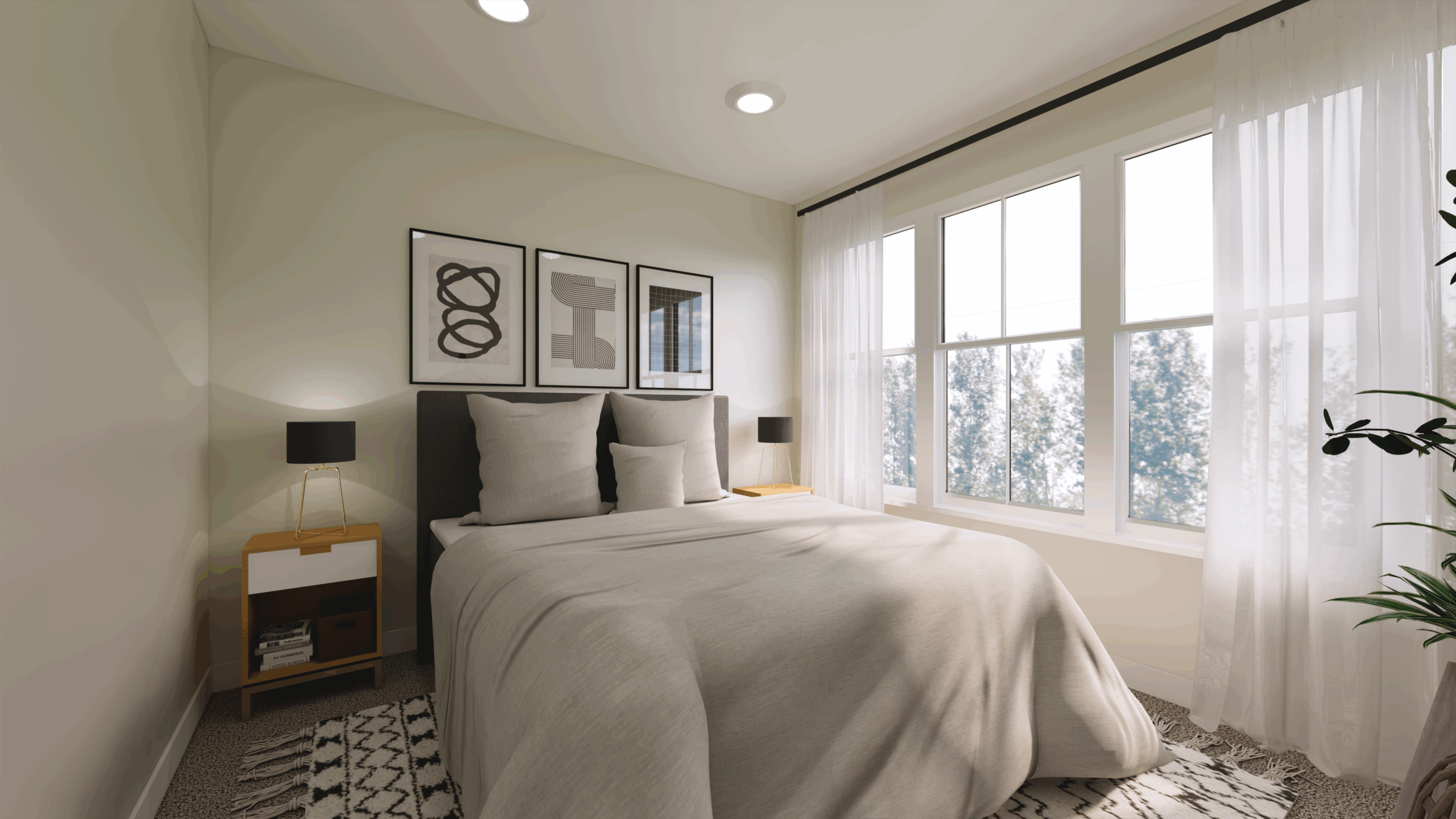 A neatly made bed with neutral bedding is centered between two nightstands with lamps, under three abstract art frames, beside a large window with sheer curtains in the bright bedroom at The Michael at GVX.