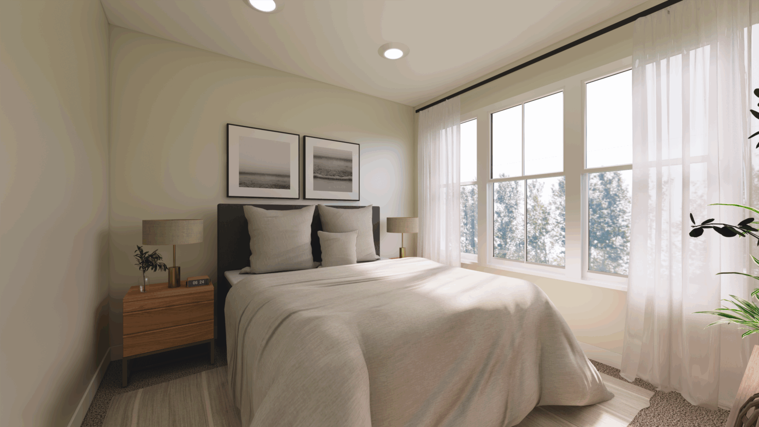 A bedroom at The Michael at GVX features a cozy bed and a large window, creating a bright and inviting retreat.