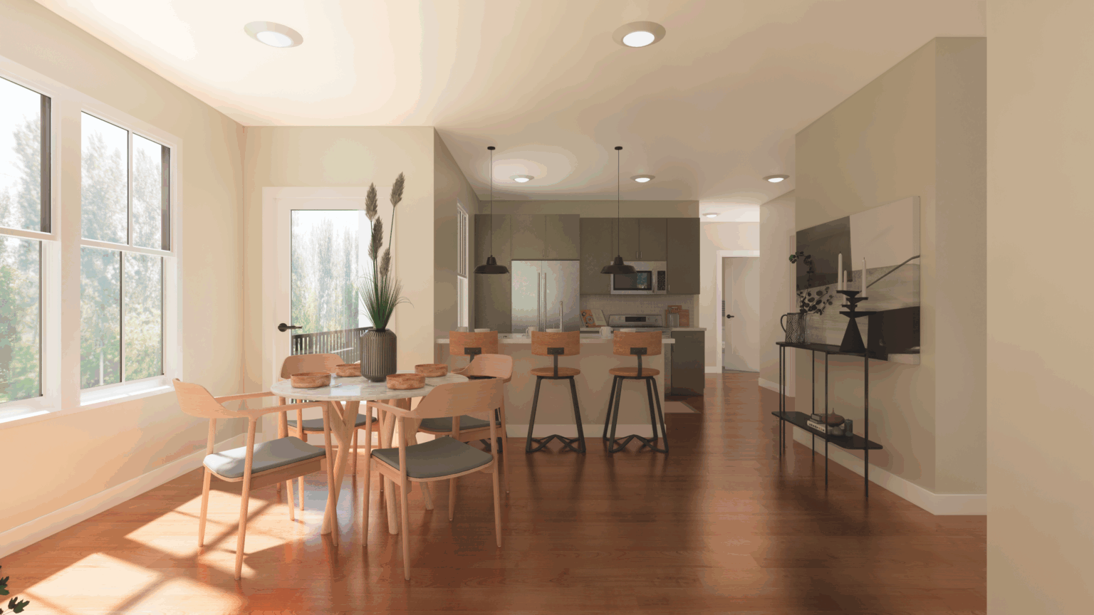 Modern dining area with wooden table and chairs at The Michael at GVX, decorative vase, adjoining kitchen with bar stools, and large windows letting in natural light.