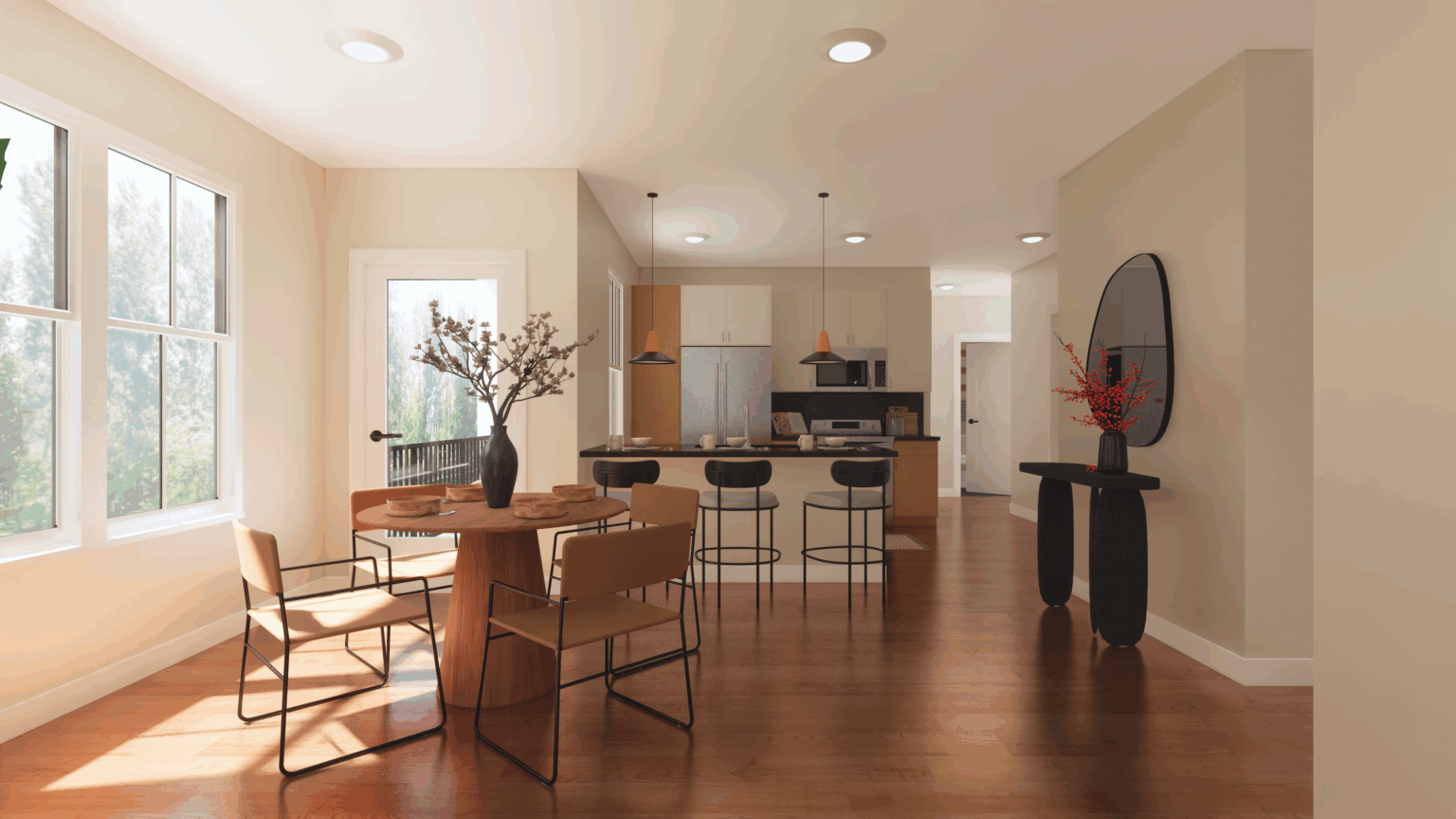 A modern kitchen and dining area at The Michael at GVX features wooden floors, a round dining table with four chairs, bar stools at the counter, and decorative vases with branches for a contemporary touch.