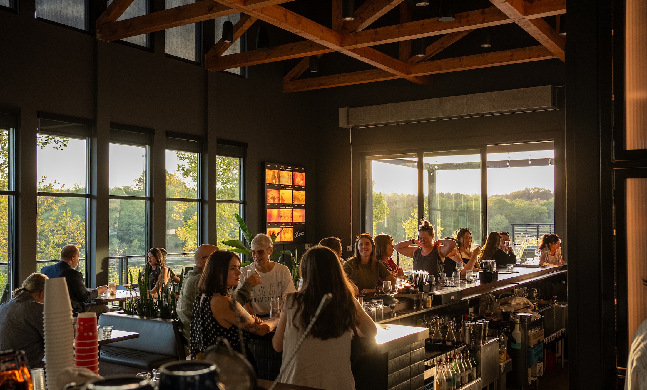 Thrive Companies, People gather and socialize inside a Thrive Companies bar, where large windows let natural light stream in, revealing a scenic outdoor view. Apartments in Columbus Ohio