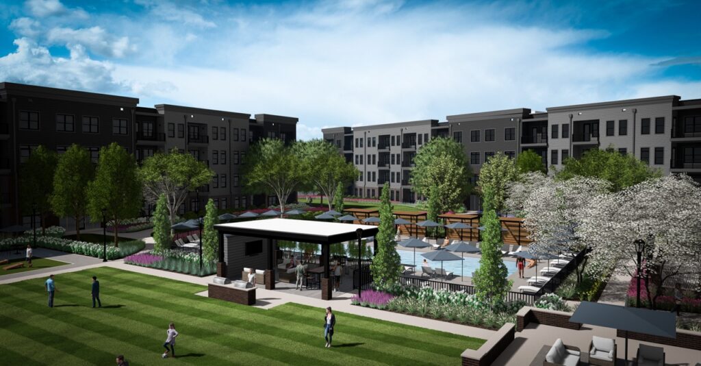 Rendering of the courtyard lawn, pavilion and pool at Moore’s Edge