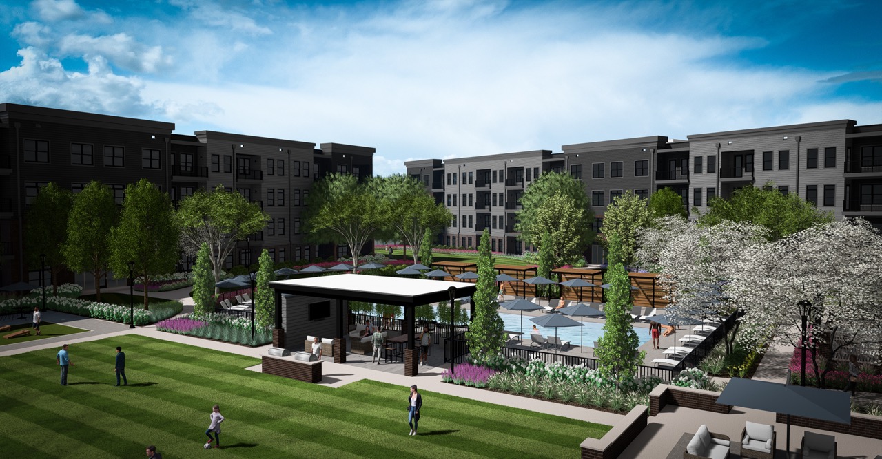 Thrive Companies, Modern apartment complex, Moore’s Edge, with a central courtyard featuring a pool, green lawn, outdoor seating, trees, and people walking and relaxing under a partly cloudy sky. Apartments in Columbus Ohio