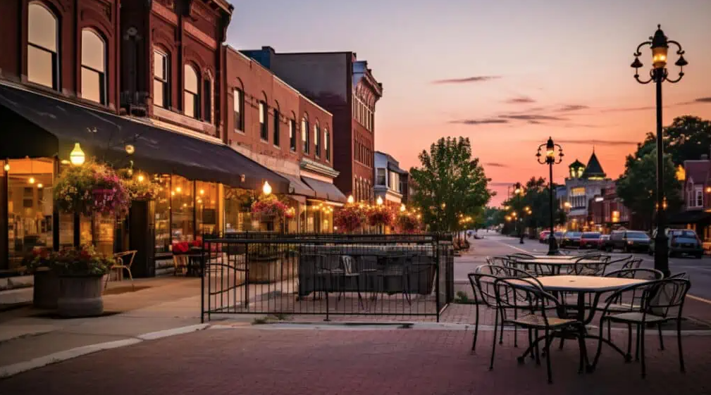 Thrive Companies, Outdoor dining tables line a quiet downtown street with brick buildings and vintage lampposts at sunset, offering a charming ambiance that captures the inviting spirit of Moore's Edge. Apartments in Columbus Ohio