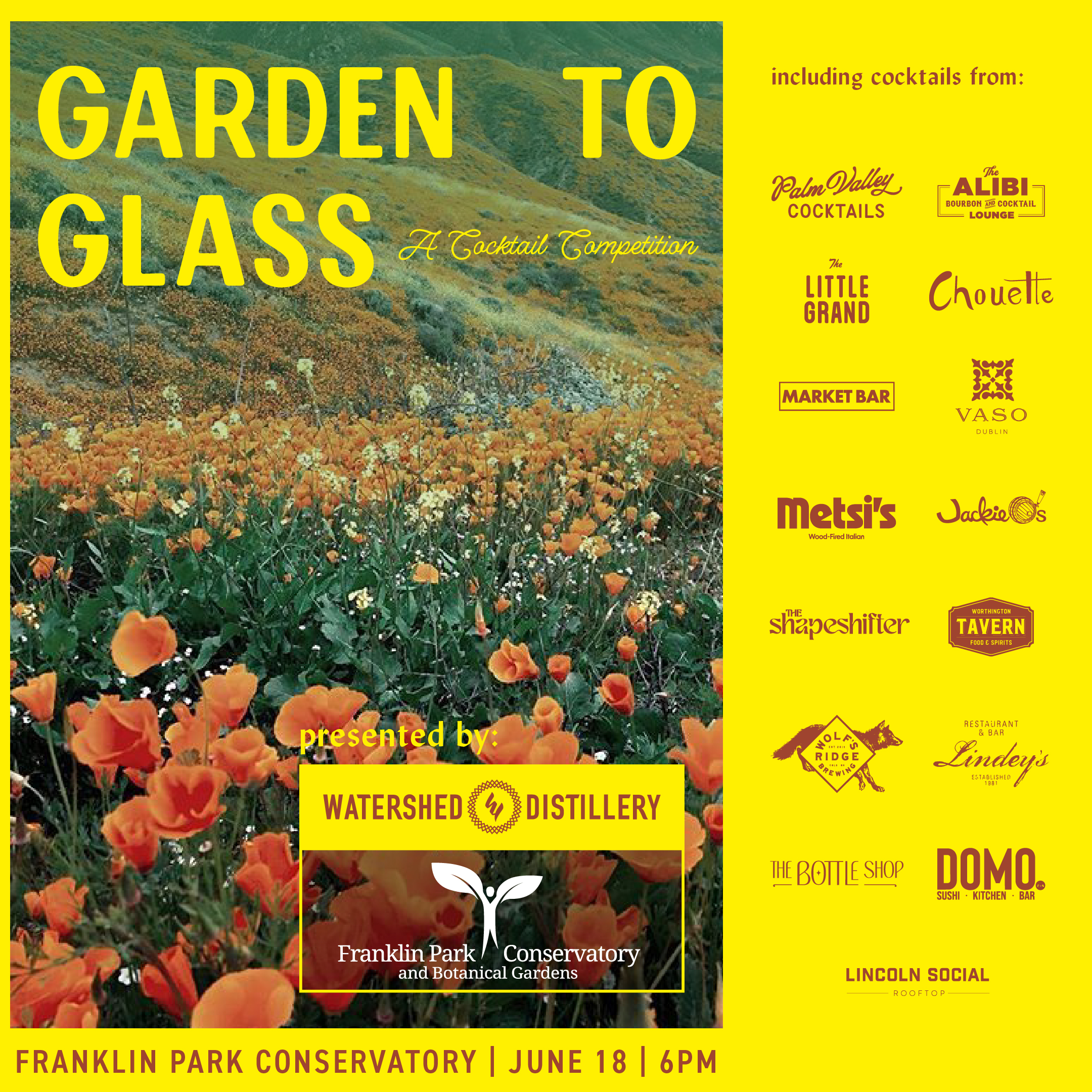 Thrive Companies, Event poster for Garden to Glass: A cocktail competition at Franklin Park Conservatory on June 18 at 6 PM, featuring sponsor logos and a vibrant photo of orange flowers in the background. Apartments in Columbus Ohio