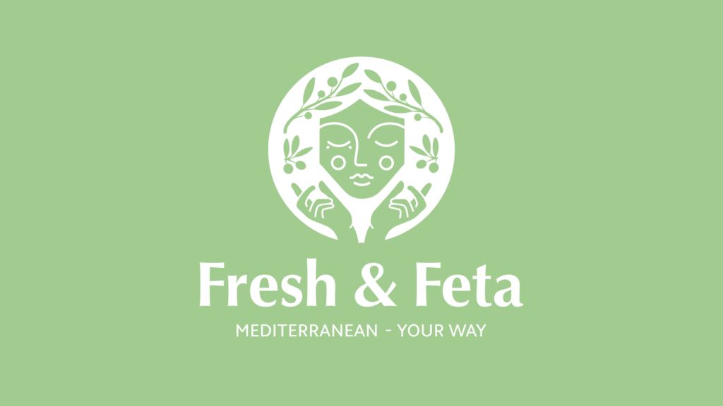 Thrive Companies, Logo for Fresh & Feta featuring a stylized face with olive branches, with the tagline Mediterranean - Your Way on a light green background—perfect for fans of Habibi Grill or Little Grand. Apartments in Columbus Ohio