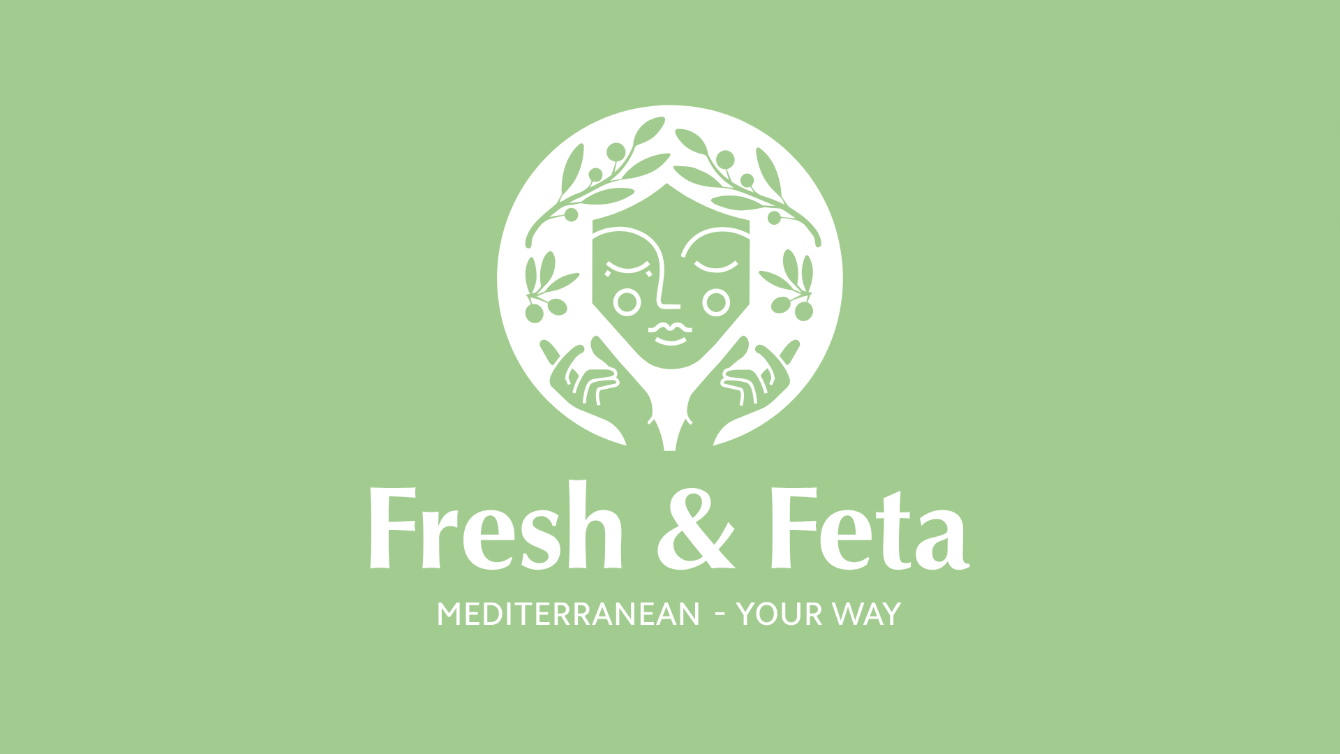 Thrive Companies, Logo for Fresh & Feta featuring a stylized face with olive branches, with the tagline Mediterranean - Your Way on a light green background—perfect for fans of Habibi Grill or Little Grand. Apartments in Columbus Ohio