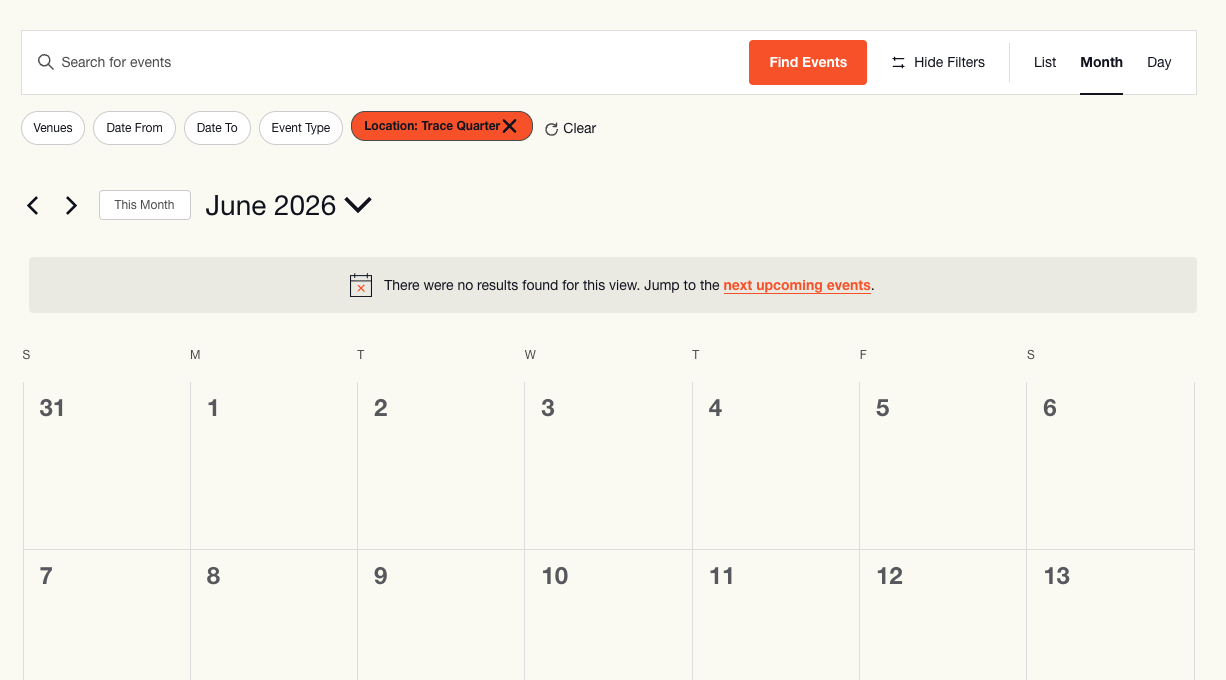 Thrive Companies, A digital calendar for June 2026 is displayed in month view with no events listed; a message indicates no results for the selected filter Location: Trace Quarter. Apartments in Columbus Ohio