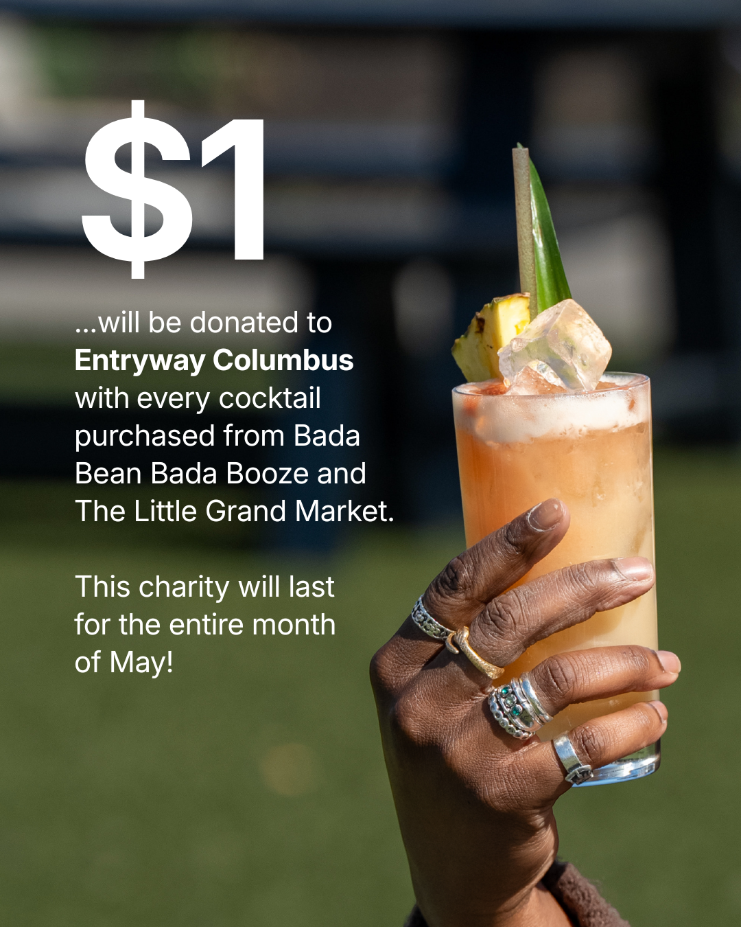 Cocktails for a Cause campaign graphic with the tagline Sip something good. Do something good.