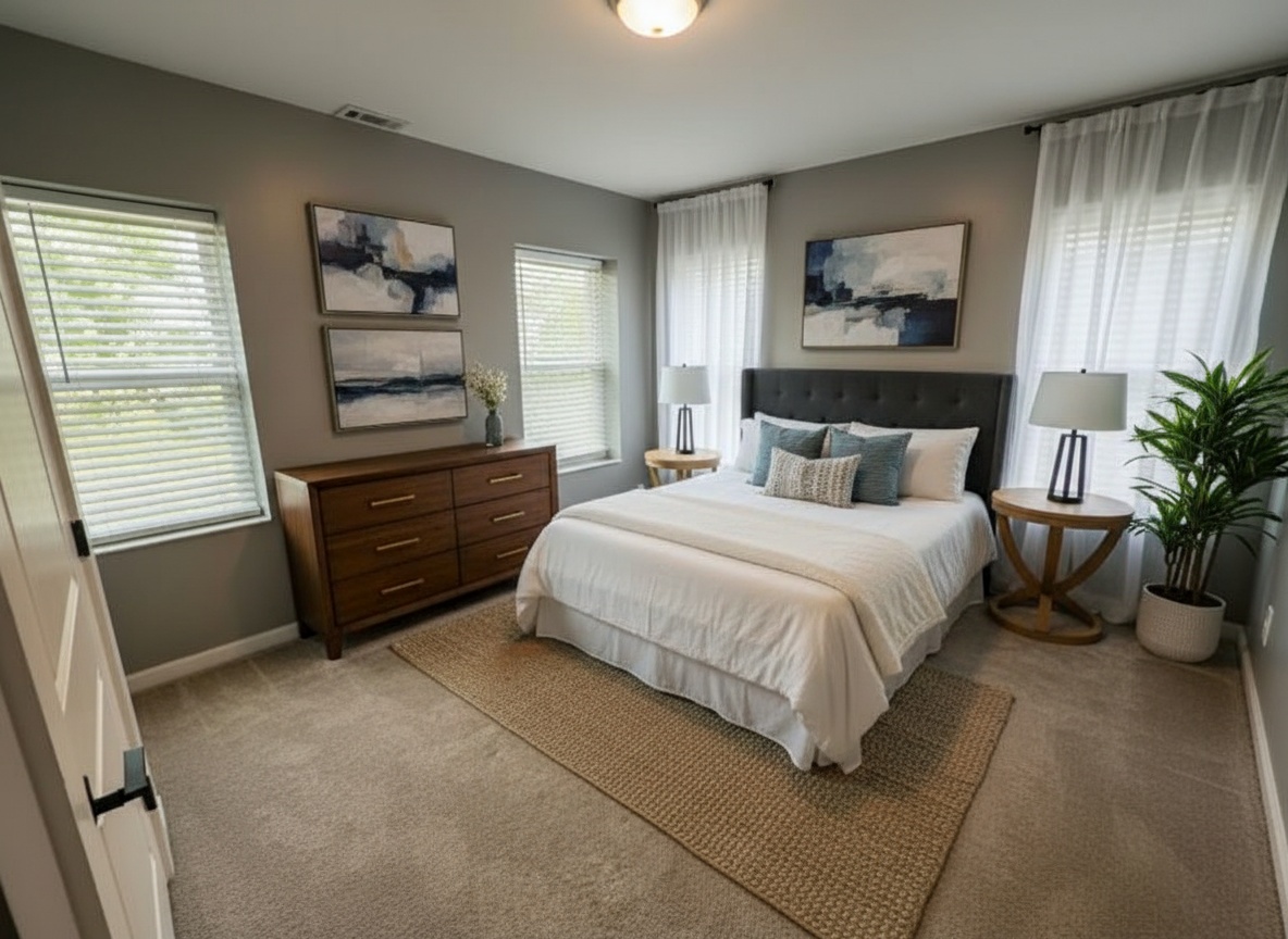 Thrive Companies, A neatly arranged bedroom with a double bed, two nightstands, a dresser, modern art on the walls, light curtains, and a potted plant. Natural light enters through two windows. Apartments in Columbus Ohio