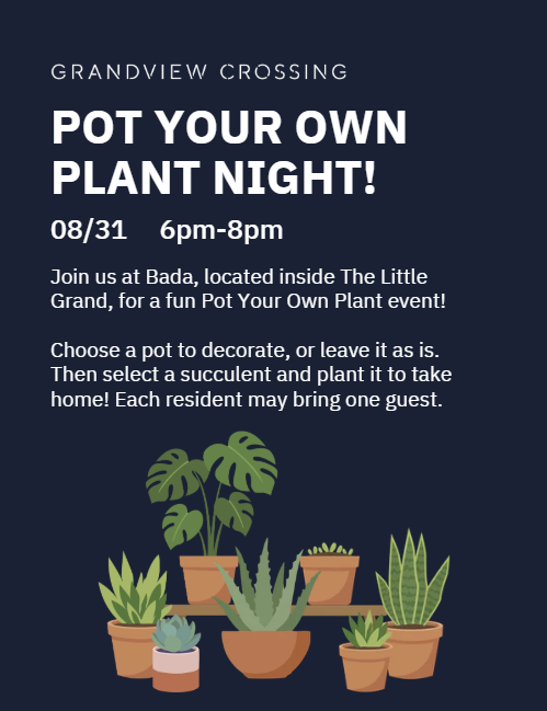Thrive Companies, Flyer for a Pot Your Own Plant Night on 08/31 from 6-8pm at Bada, featuring illustrated potted plants and event details for residents and guests. Join us for this Resident Event and enjoy a creative Plant Workshop experience!. Apartments in Columbus Ohio