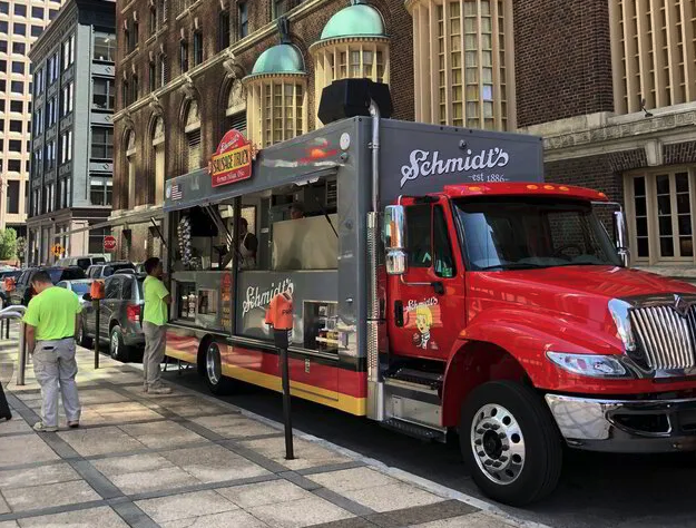 Thrive Companies, Red and gray Schmidt’s Sausage food truck parked on a city street with people standing nearby, ordering food during Food Truck Friday. Tall buildings line the background. Apartments in Columbus Ohio