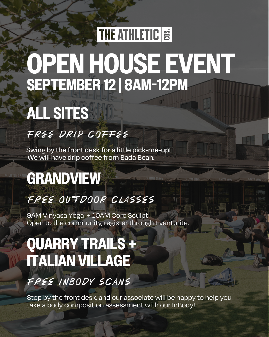 Thrive Companies, Flyer for The Athletic Clubs Open House Event on September 12, 8AM-12PM, featuring free coffee, outdoor classes at Grandview, and free body scans at Quarry Trails and Italian Village. Join us for this special Open House Event and experience everything our clubs have to offer!. Apartments in Columbus Ohio