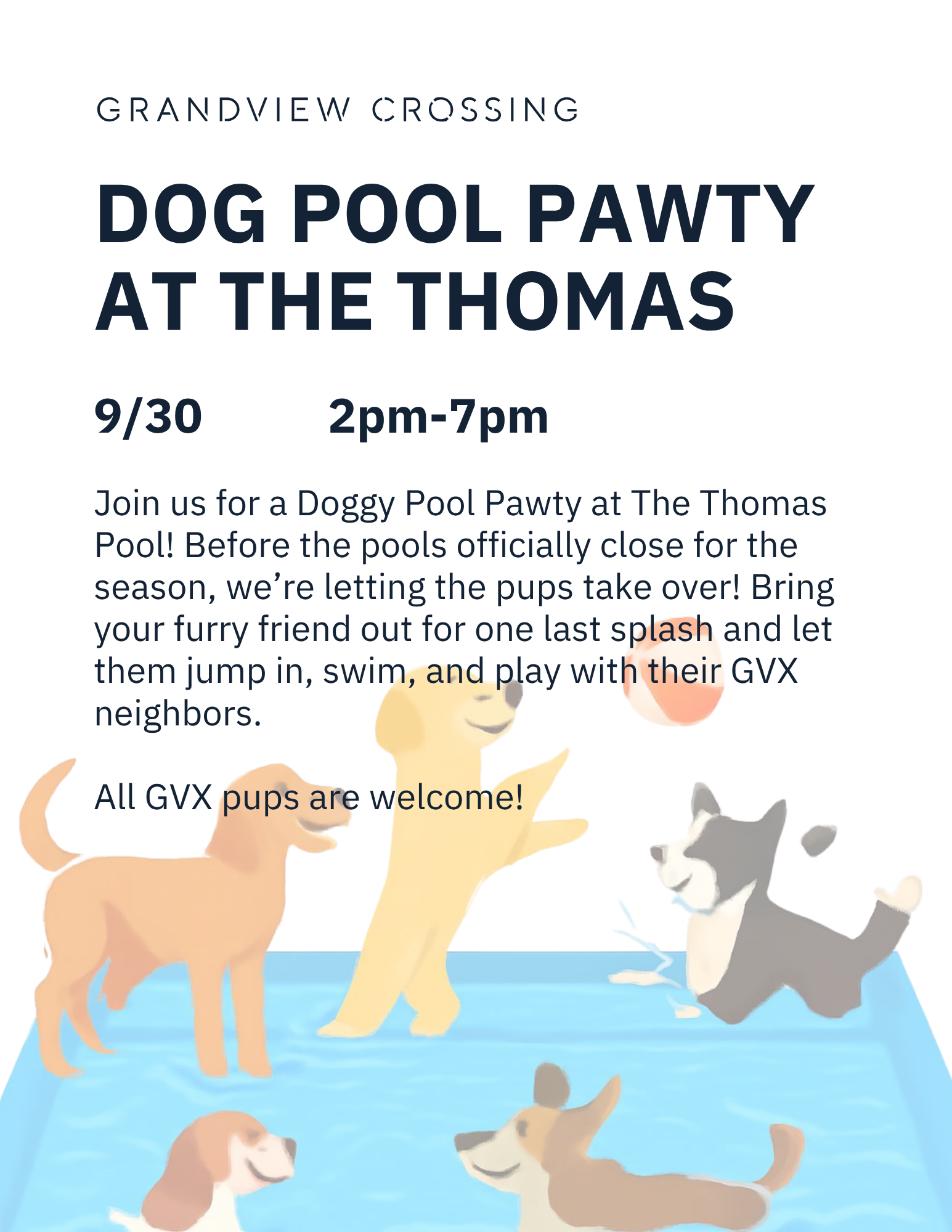 Thrive Companies, Four cartoon dogs play and jump into a swimming pool, promoting the GVX Dog Pool Pawty—an exciting Resident Event on September 30 from 2pm to 7pm at The Thomas in Grandview Crossing. Apartments in Columbus Ohio