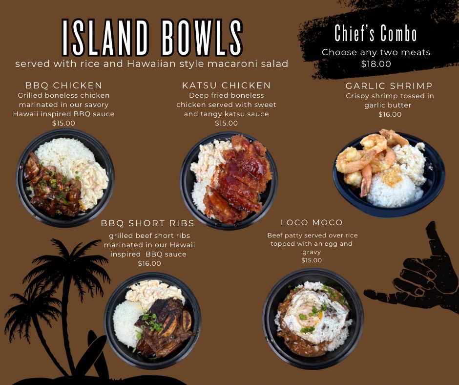 Thrive Companies, Menu featuring four mouthwatering rice bowl dishes from Chief’s Island Grill: BBQ Chicken, Katsu Chicken, Garlic Shrimp, BBQ Short Ribs, and Loco Moco—each served in stylish black bowls with detailed descriptions and prices. Enjoy a choice combo option, perfect for your next Food Truck Fridays outing or when stopping by our popular food truck. Apartments in Columbus Ohio