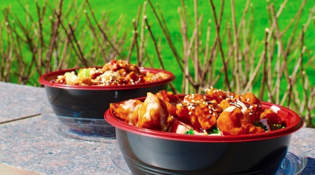 Thrive Companies, Two bowls of food from Ninja Bowl, topped with sauce and sesame seeds, sit on a stone table outdoors, with a blurred background of green grass and bare branches—perfect for enjoying at Food Truck Fridays. Apartments in Columbus Ohio