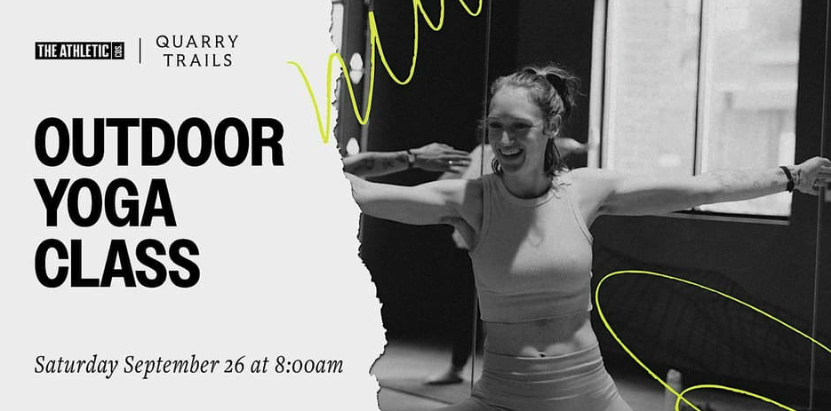 Thrive Companies, A woman practices yoga indoors with arms outstretched, embracing a moment of meditation. Text reads: Outdoor Yoga Class, Saturday September 26 at 8:00am, The Athletic, Quarry Trails. Apartments in Columbus Ohio