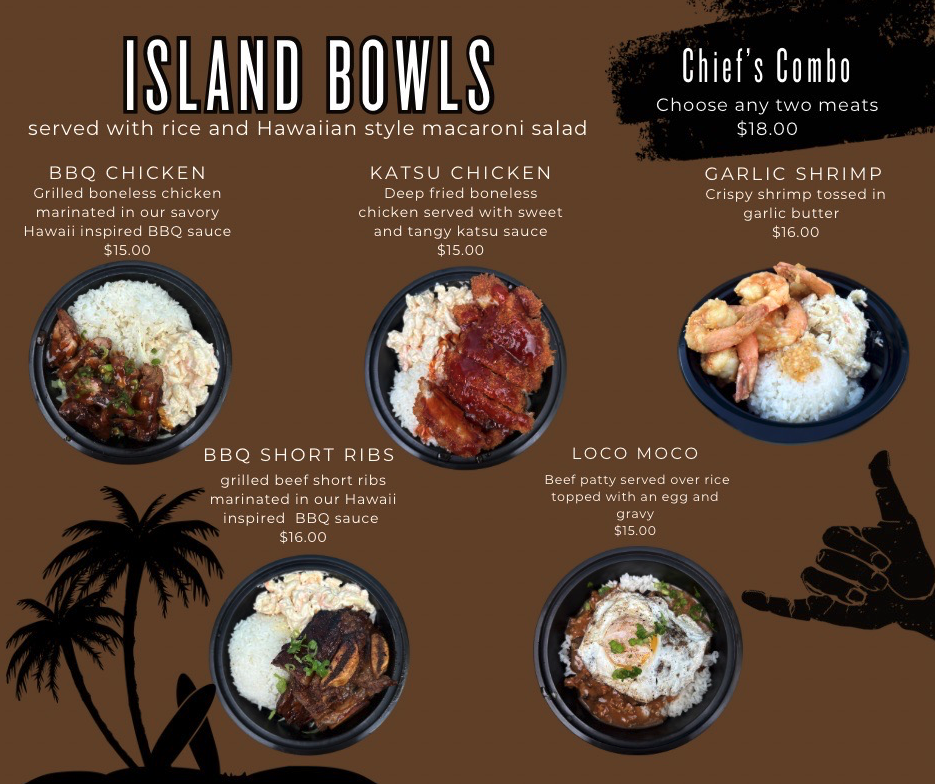 Thrive Companies, Enjoy a menu at Chief’s Island Grill restaurant featuring four rice bowls and loco moco, all served with rice and macaroni salad. Chefs Combo lets you choose two meats. Quarry Trails location. Apartments in Columbus Ohio