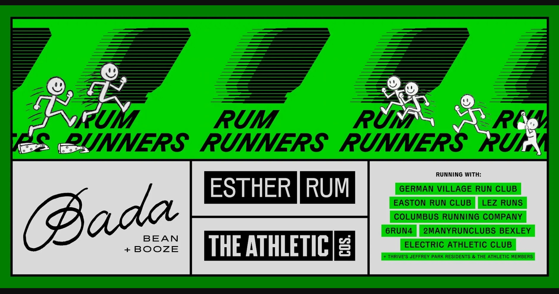 Thrive Companies, Event poster for the Columbus Rum Runners featuring a list of participating run clubs and the sponsors Bada, Esther Rum, and The Athletic. Apartments in Columbus Ohio